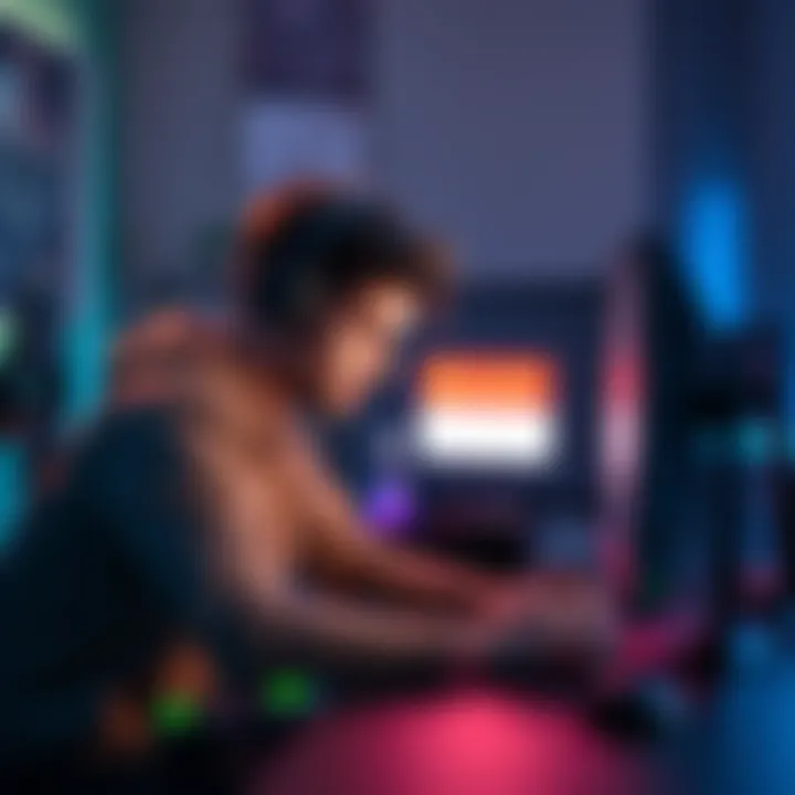 A gamer sitting in front of a computer, looking disappointed at a ban notice on the screen, with gaming accessories around