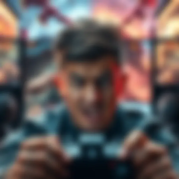 Frustrated gamer facing a challenging enemy A gamer looks stressed while battling a tough in-game enemy on their screen, with a chaotic gaming environment in the background.