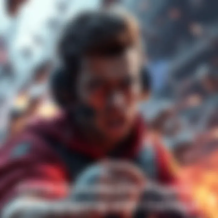 Frustrated gamer in a battle scene A gamer looking upset while engaged in a chaotic PVP battle, with action happening around them and a clear sense of conflict from aggressive teams.