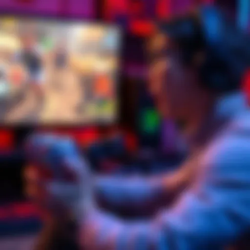 A gamer looks frustrated while trying to focus on a video game, showing empty energy drink cans and a controller in hand. The screen displays chaotic gameplay with another player interfering.