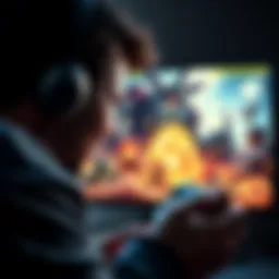 A gamer intensely focused on a screen, showing frustration while battling a challenging video game boss, with a console controller in hand and a chaotic game scene displayed.