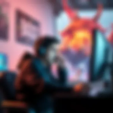 A gamer sits at a computer, intense focus on their face while battling a tough boss in a video game, with excitement and frustration visible in the room.