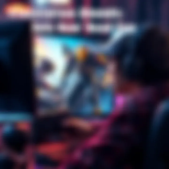 Frustrated gamer facing strong bots A gamer looks frustrated while playing a video game, with a screen showing powerful bots attacking. Surrounding elements include gaming gear and a tense atmosphere.