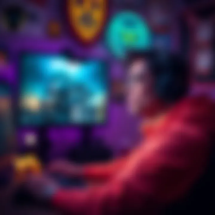 Frustrated Gamer in Bronze Rank A dedicated gamer looking disappointed while staring at a screen showing Bronze rank in a game. The background features gaming equipment and achievements on the wall.