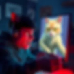 Frustrated gamer with cat character from Stories 2 A gamer showing frustration while looking at a screen displaying an annoying cat character from Stories 2