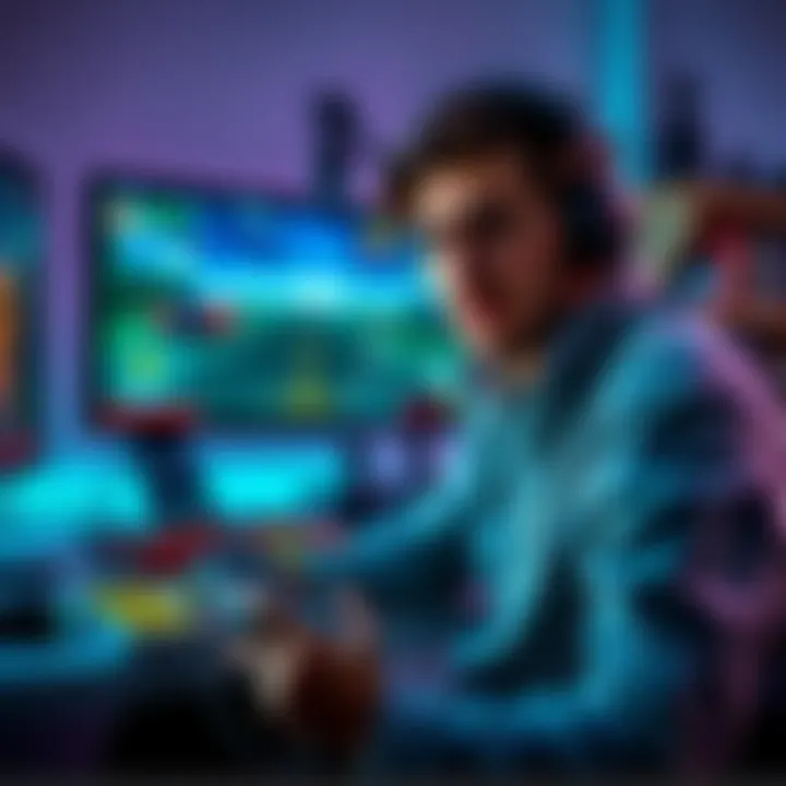 A gamer showing frustration while using a cloud gaming service on a computer, with a lagging game on the screen and a controller in hand.