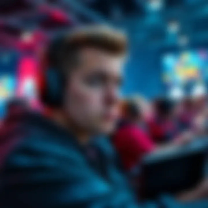 A gamer looks stressed while playing in an intense game lobby filled with competitive players on the screen.