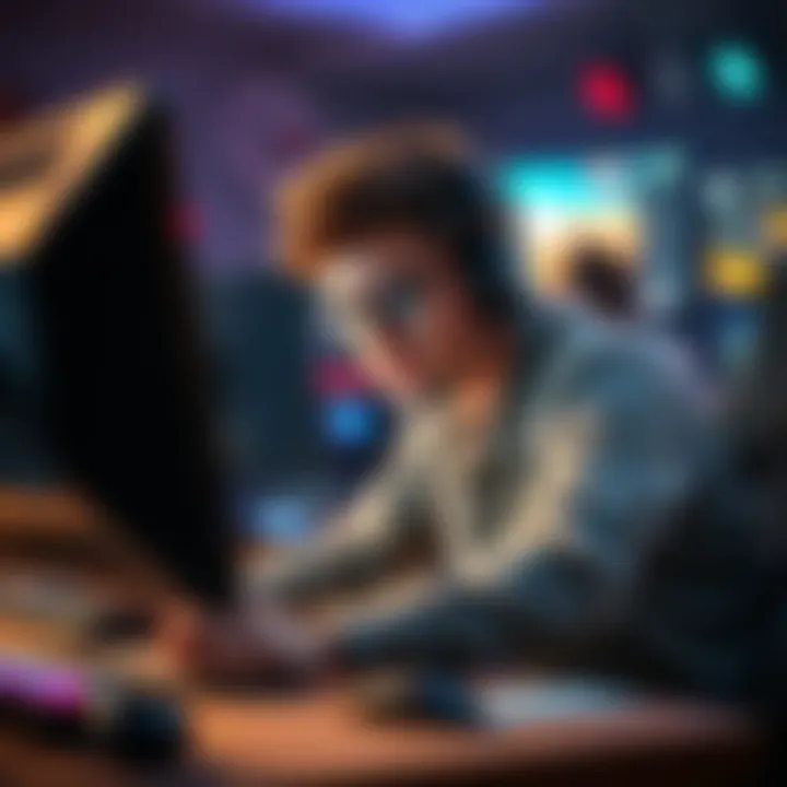 A gamer looks stressed while playing a competitive video game on a computer, surrounded by gaming gear and focused on the screen.