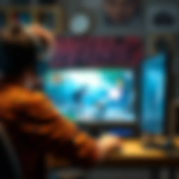 A gamer showing frustration while playing a video game, hands on head and computer screen displaying a difficult game scenario with a character being attacked.