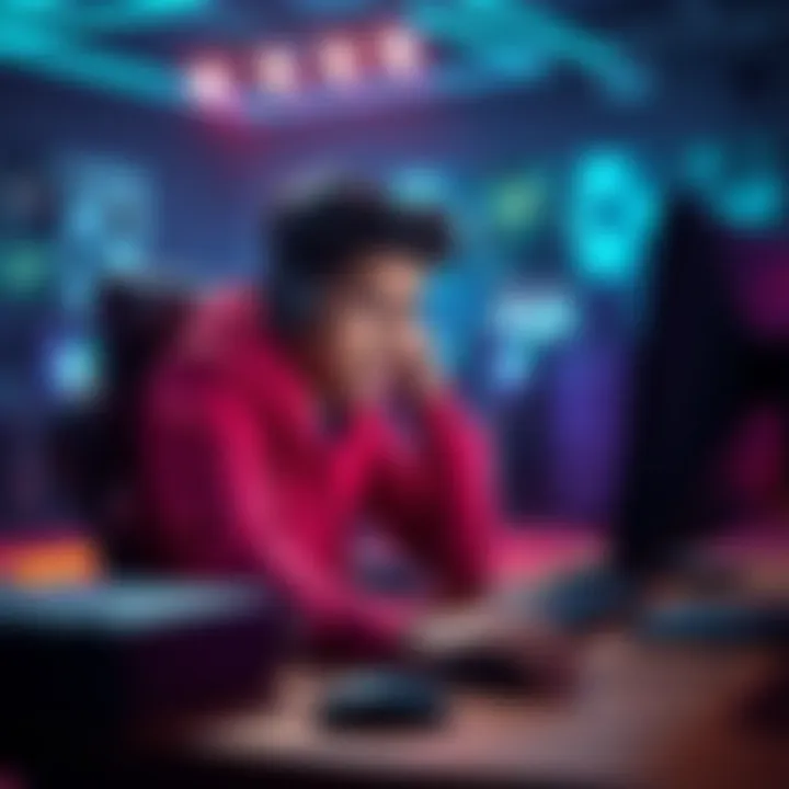 Frustrated gamer at computer A frustrated player sitting at a computer, showing frustration with the ranking system in a game.