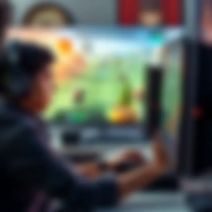 A gamer looking frustrated while playing a video game with repetitive mechanics on the screen