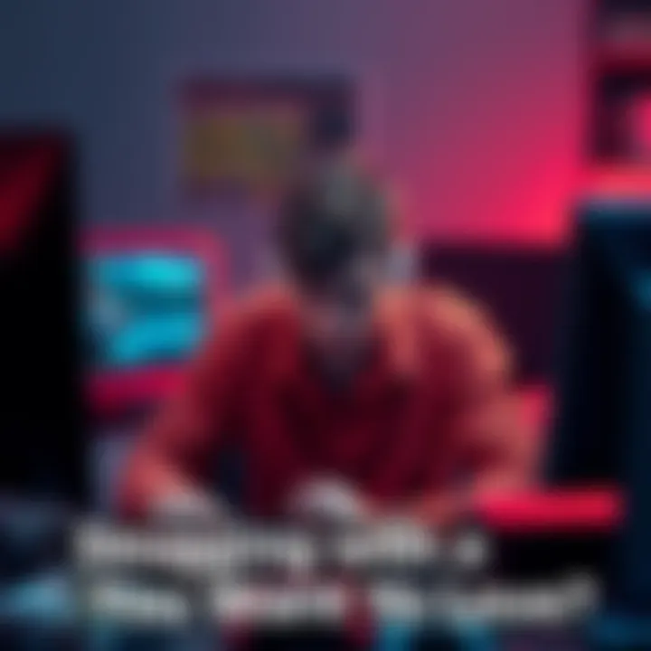 A person looking stressed while playing a complex video game on their computer, surrounded by guides and game consoles