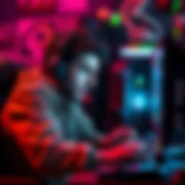 Gamer showing frustration while playing a video game, with a look of stress on their face and a cluttered desk filled with gaming equipment.
