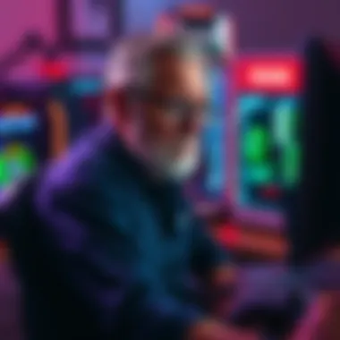 An older gamer looks frustrated while sitting at a computer desk filled with gaming hardware, showing signs of rising prices and industry changes.