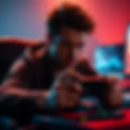 Frustrated Gamer at Console A gamer showing frustration while playing a video game, gripping a controller tightly with an intense expression on their face.