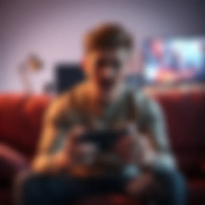 A gamer sitting on a couch looking frustrated while holding a game controller with a console in the background