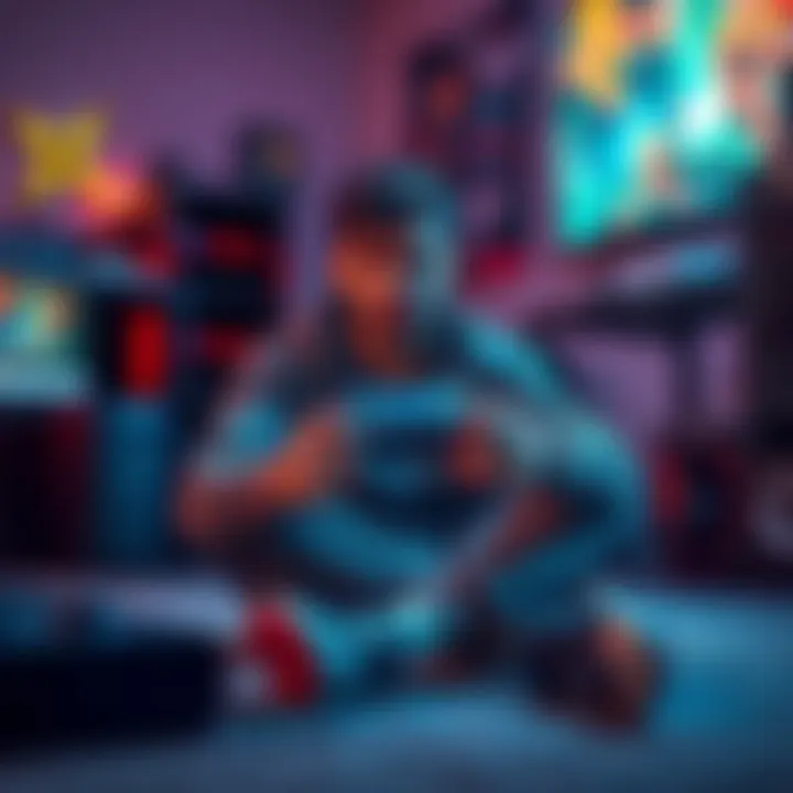 Gamer sitting on the floor, looking frustrated while holding a video game controller, surrounded by gaming equipment.