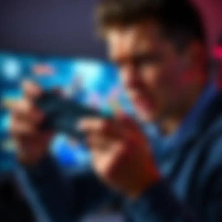 A gamer showing frustration while holding a game controller, with a screen displaying a game that lacks 9:16 support