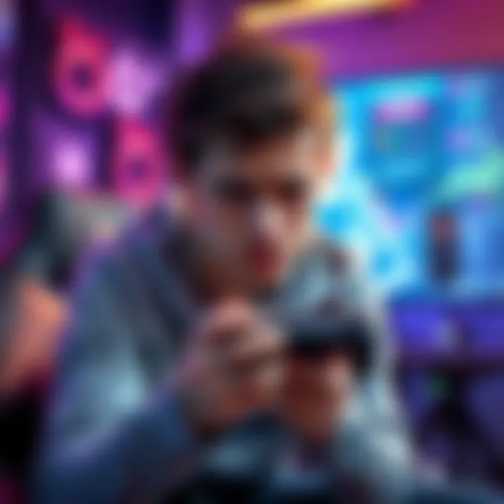 A gamer looks frustrated while holding a game controller, surrounded by a virtual gaming environment.