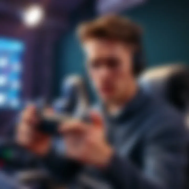 A gamer looks upset while holding a game controller, showing frustration over bot performance during a match