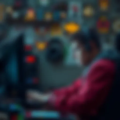 A gamer stares at their screen, feeling frustrated about not spending their earned game currency, surrounded by gaming paraphernalia.