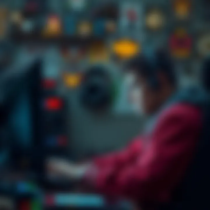 A gamer stares at their screen, feeling frustrated about not spending their earned game currency, surrounded by gaming paraphernalia.