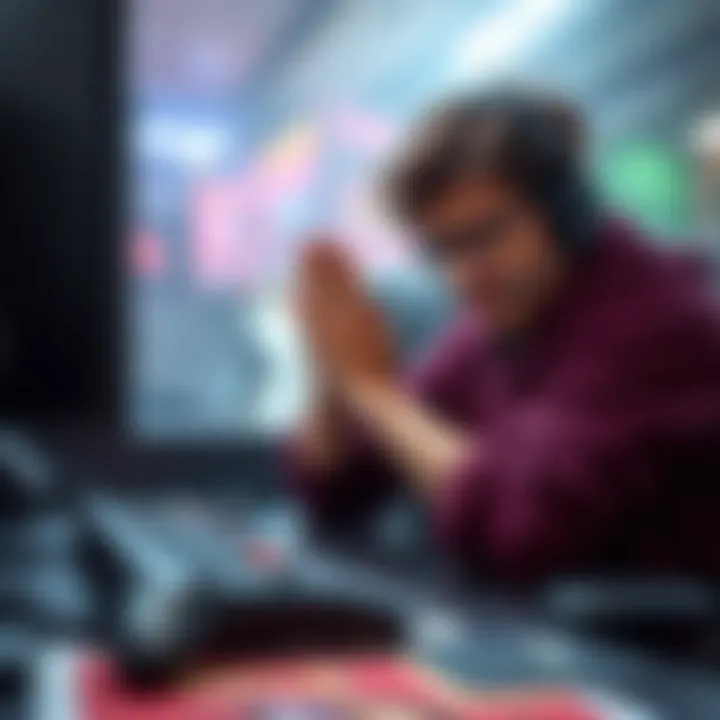 A gamer showing frustration while playing on a challenging map, surrounded by game controls and a tense atmosphere.