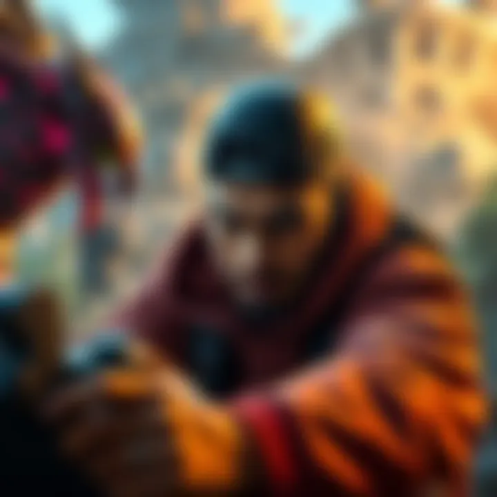 A gamer struggles with a video game, looking frustrated while playing a DLC that is too difficult, showing elements of a fantasy landscape and enemy characters