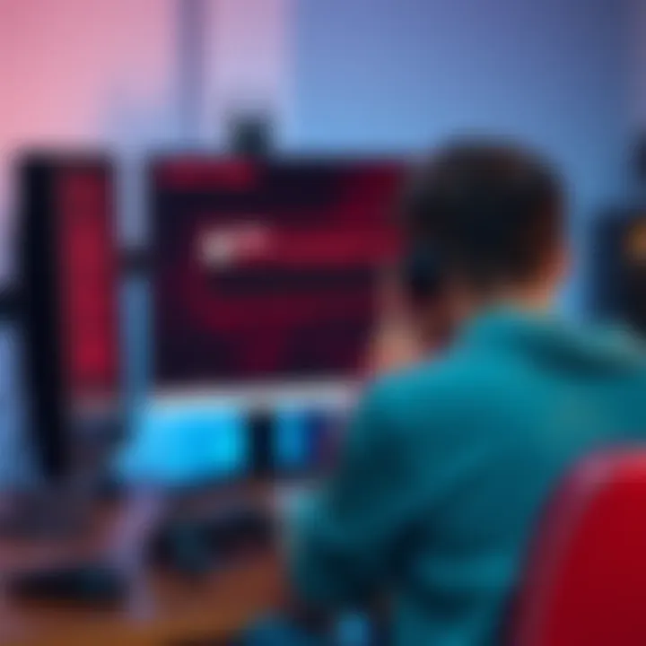 A gamer sitting in front of a computer, looking frustrated while an error message is displayed on the screen