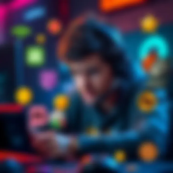 Frustrated gamer farming tokens A gamer looks frustrated while playing, surrounded by icons representing various gaming roles and tokens.