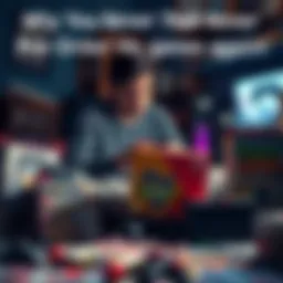 A gamer sits on the floor surrounded by game boxes, looking disappointed and frustrated.
