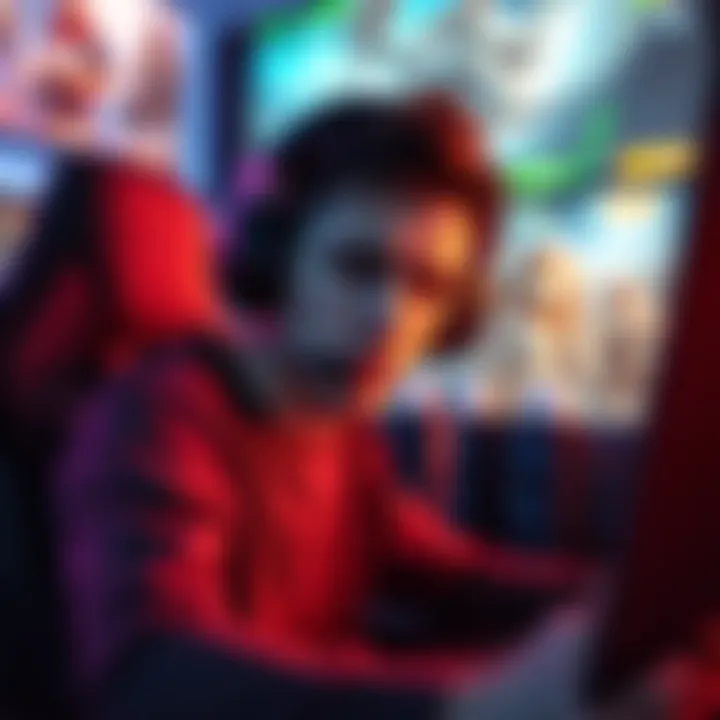 A gamer shows frustration while playing on a computer, surrounded by game graphics on the screen. The gaming atmosphere is tense as teammates underperform in a match.