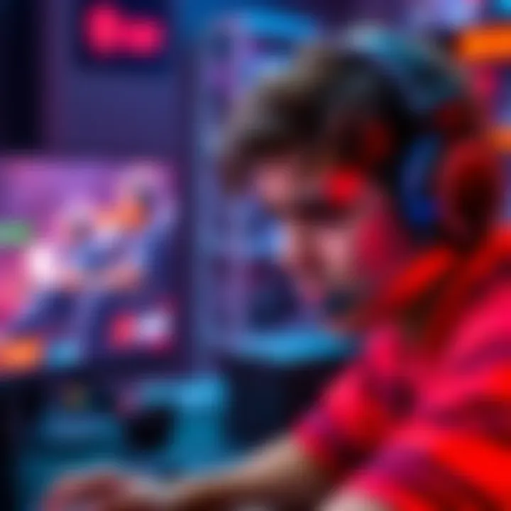 A gamer wearing a headset shows frustration while playing, with a gaming screen displaying low-level teammates. The setting illustrates the disappointment in matchmaking during an intense game.
