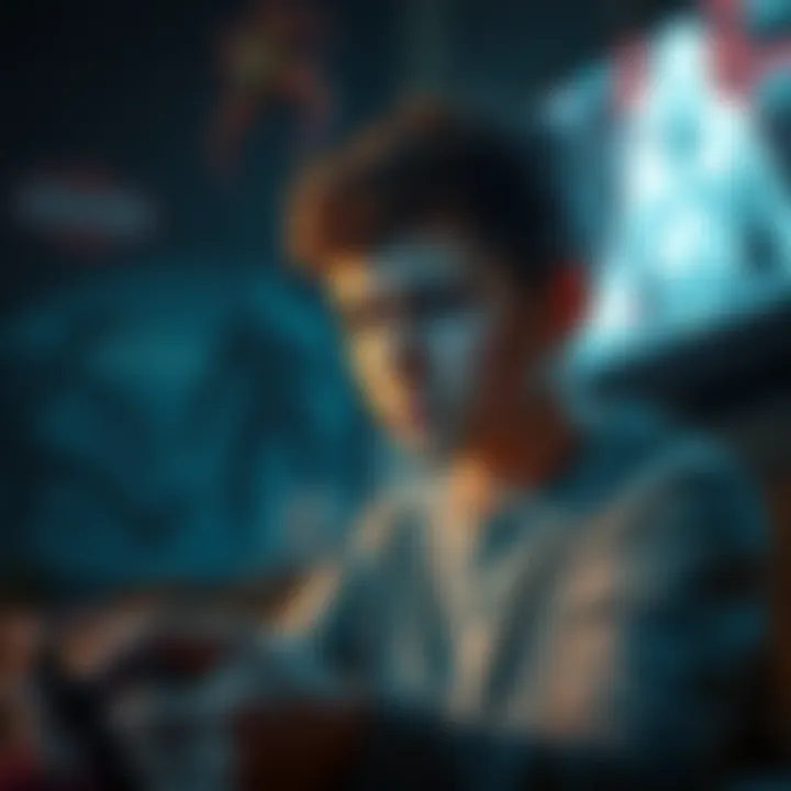 A young player looks frustrated while playing a horror game on their console, with monsters and dark environments visible on the screen. Chat messages display unkind comments.