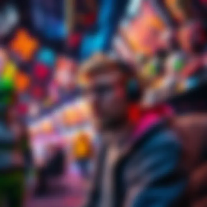 A gamer showing frustration in a colorful game lobby filled with aggressive characters.