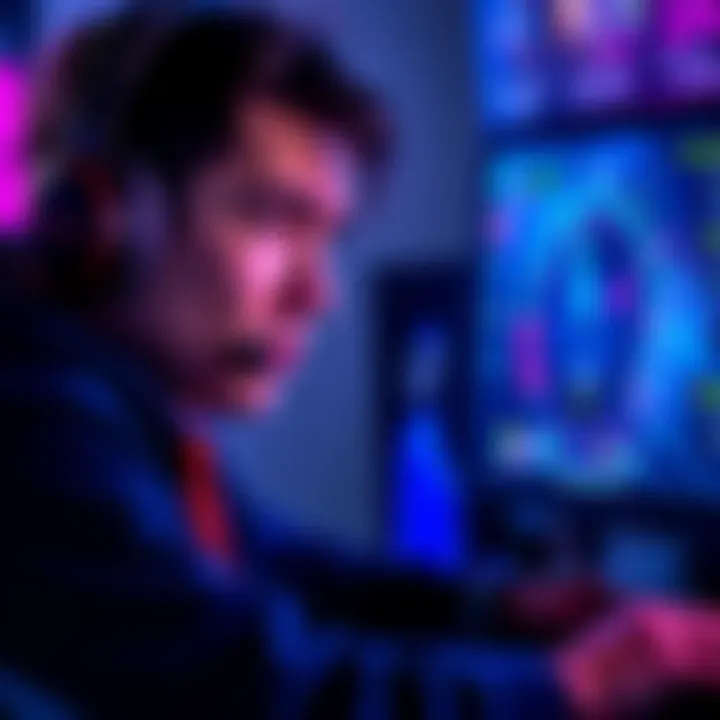 Frustrated Gamer Joining Late Match A gamer looking frustrated while joining a match mid-way, showing a computer screen with game stats and time running low.