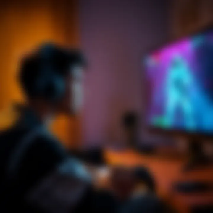 A gamer showing frustration while playing on a console due to lag, with a controller in hand and an on-screen game displaying a glitchy interface.