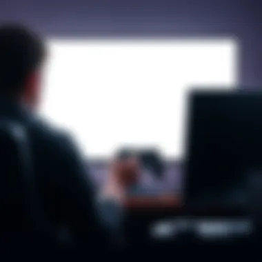 A person sitting in front of a computer with a frustrated expression, staring at a blank screen while holding a game controller.