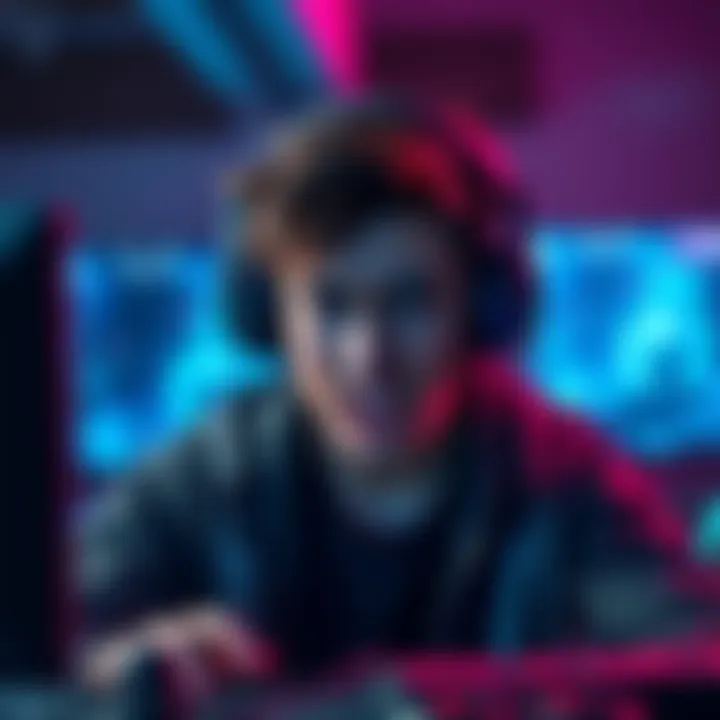 Frustrated gamer muting Vendetta A gamer looking annoyed with a headset, trying to mute the character Vendetta's voice while playing a game.