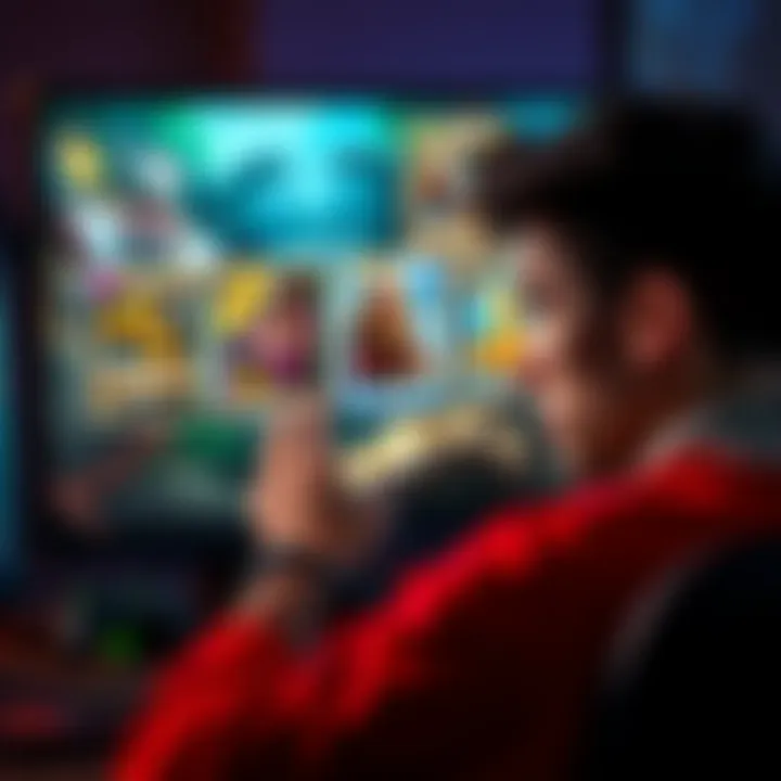 Frustrated gamer with new cards A player looking frustrated in front of a computer screen displaying a card game, showcasing powerful new cards being played against them.