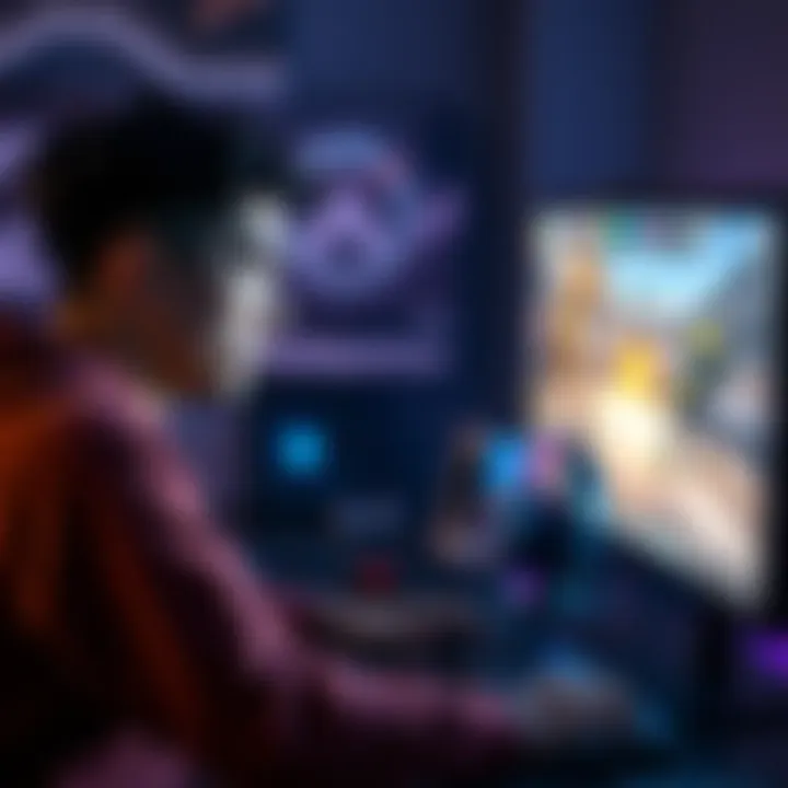 A gamer looking stressed and frustrated while playing Overwatch on a computer, with the game's screen showing a losing match.