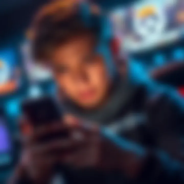 A gamer looking upset while scrolling through a phone showing numerous Overwatch 'About Me' posts in a forum.