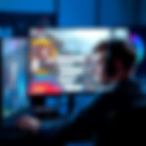 A gamer looking frustrated at their computer screen, showing a team fight in an online game with toxic chat messages