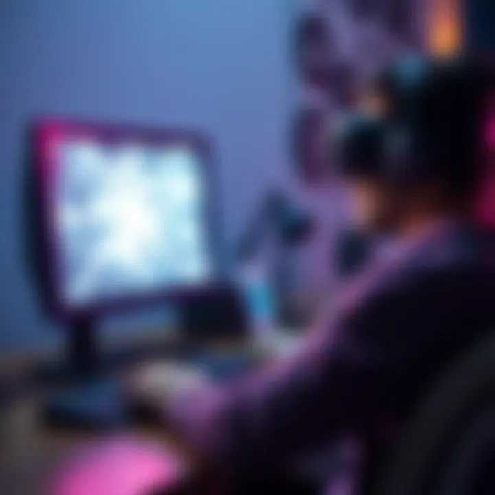 A gamer in a VR headset looks distressed as their computer screen shows a freeze after they hit the desk in frustration during gameplay.