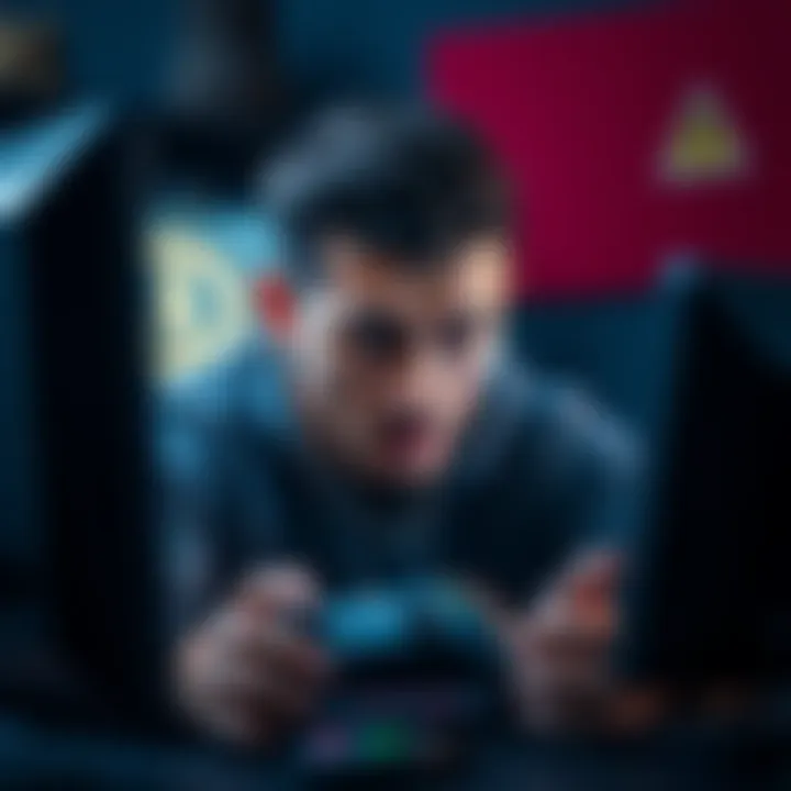 A gamer looking stressed and frustrated while playing on a PC, with a game crash error message on the screen