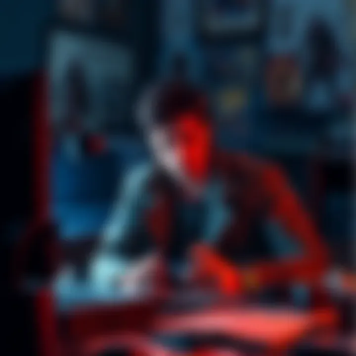 A gamer showing frustration while playing AC Shadows, surrounded by game posters and a messy desk