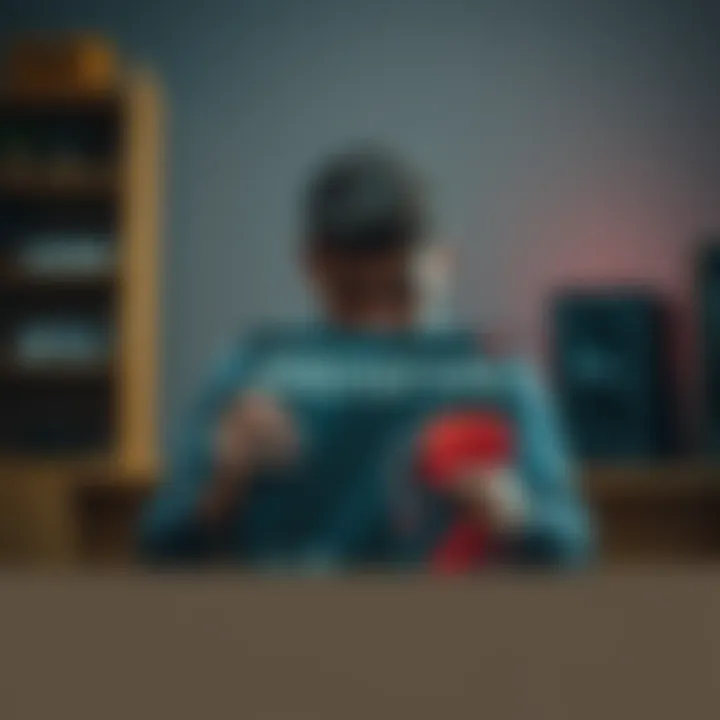 A person looking frustrated while holding a Prototype game box, sitting in front of an empty desk without a PC or controller.