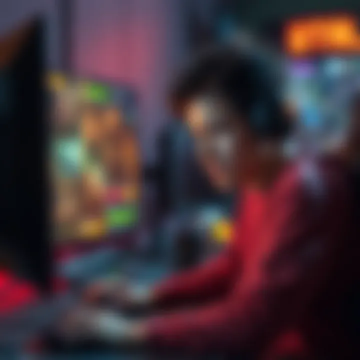 A gamer with a frustrated expression looking at a computer screen filled with challenging game matches