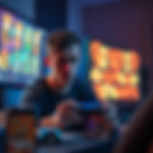 Frustrated gamer looking at cards A gamer sits in front of a screen displaying randomly generated cards, showing frustration on their face while gripping a game controller.