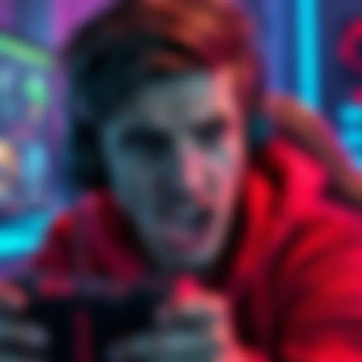 A player showing signs of frustration while playing video games, with a focus on their intense expression and the gaming setup in the background